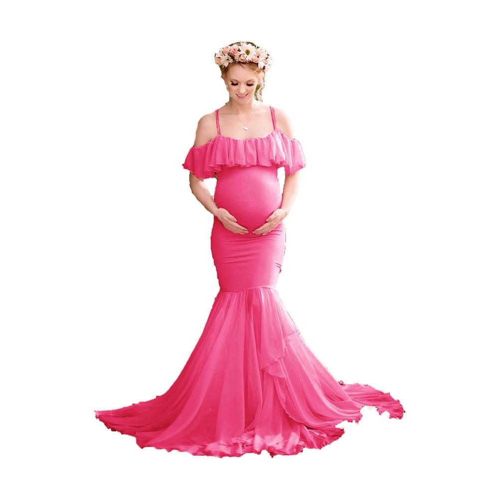 Ruffles Maxi Maternity Gown For Photo Shoots - Cute Sexy Maternity Dresses Photography - Plus Size (1U5)(Z6)(Z8)(1Z1)(2Z1)(3Z1)(4Z1)(7Z1)
