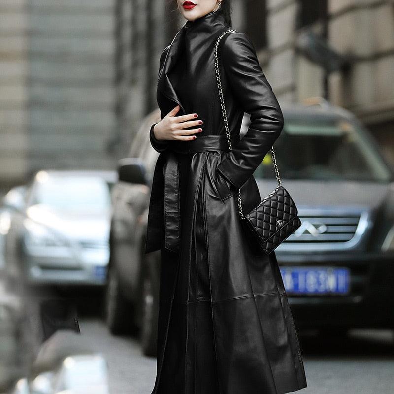 Great Women Autumn Long Brown Black Soft Faux Leather Trench Coat - Belt Long Sleeve Skirted Elegant Luxury Fashion (TB8B)(TB8A)(TP3)(1U23) - Deals DejaVu