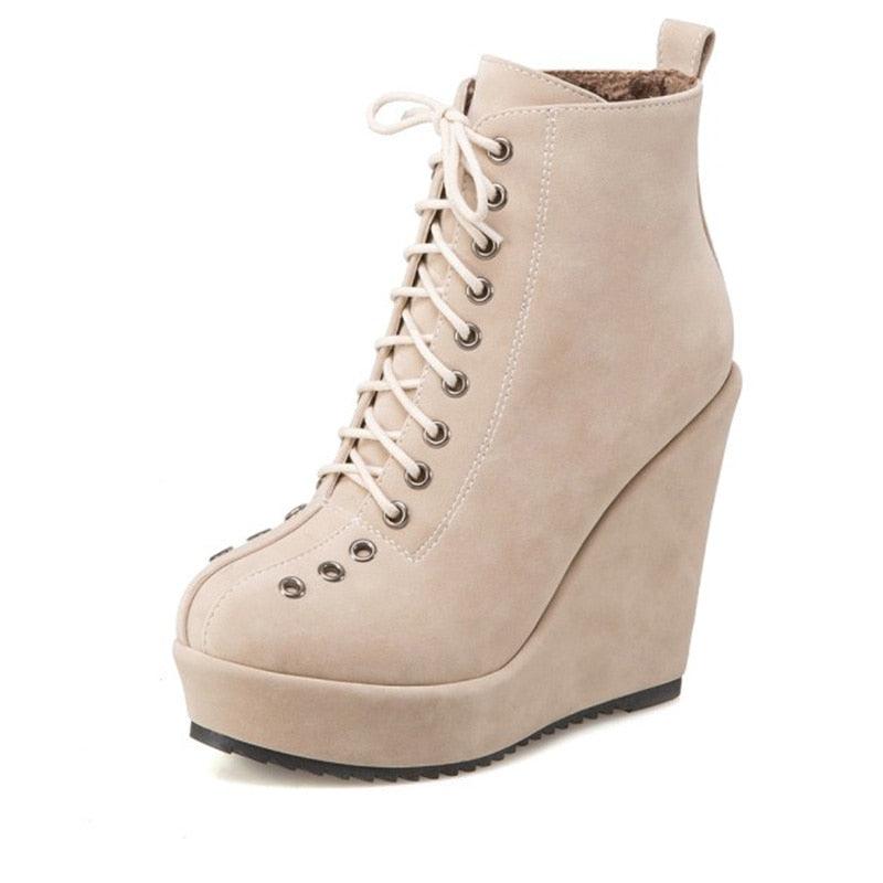 Great Lace Up Platform Women Ankle Boots - Short Winter Shoes Suede Wedge Heels Black Punk (BB2)(CD)(WO4)(BB5)(F38)(3U38) - Deals DejaVu