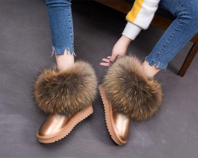 Cute Fashion Genuine Cowhide leather women's boots - real fox fur - winter warm ankle boots, various colors, plus size (FS)(CD)(1U40)(1U38)(1U107)