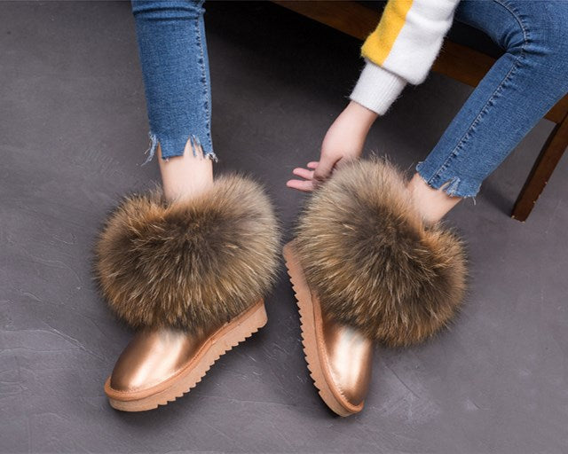 Cute Fashion Genuine Cowhide leather women's boots - real fox fur - winter warm ankle boots, various colors, plus size (FS)(CD)(1U40)(1U38)(1U107)