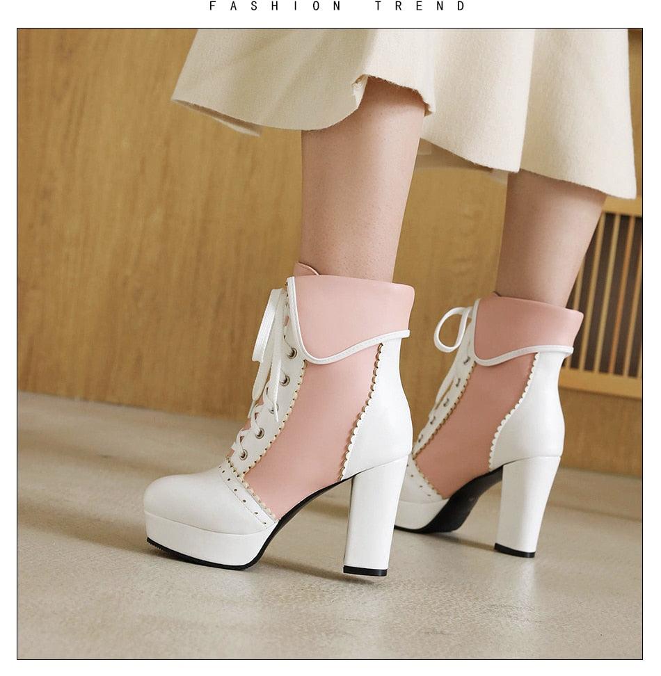 Sweet Cosplay Lolita Shoes Women Ankle Boots High Heels Ruffles Dress Wedding Shoes Bride Mixed Colors Lace Up (BB2)(CD)(WO4)(BB5)(F38)(3U38) - Deals DejaVu