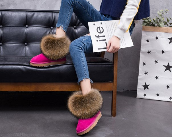 Cute Fashion Genuine Cowhide leather women's boots - real fox fur - winter warm ankle boots, various colors, plus size (FS)(CD)(1U40)(1U38)(1U107)