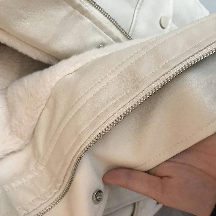 New Winter Oversized Leather Jacket - Women with Faux Rex Rabbit Fur Inside Warm Soft Thickened Fur Lined Coat Long Sleeve (TB8B)(TB8A)(TP3)(1U23) - Deals DejaVu