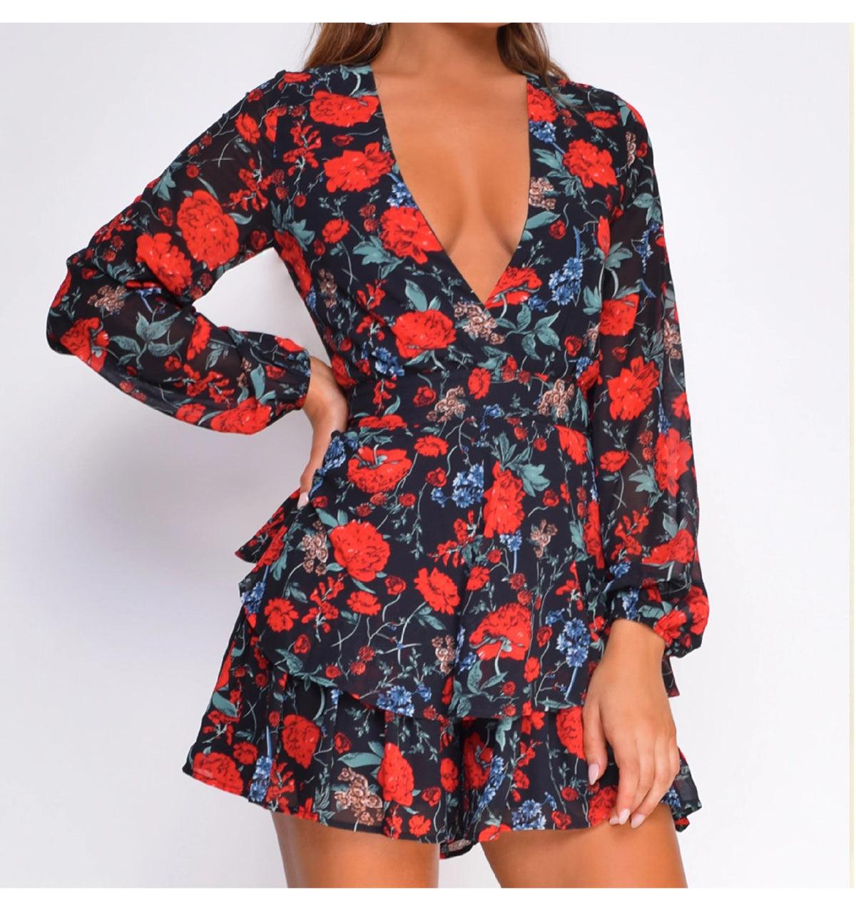 New Chiffon V Neck Women Romper Playsuit Summer Casual Long Sleeve Jumpsuits - 2022 Fashion Print Short Sets Outfit (BWD)(WS06)(F30)(2U30) - Deals DejaVu