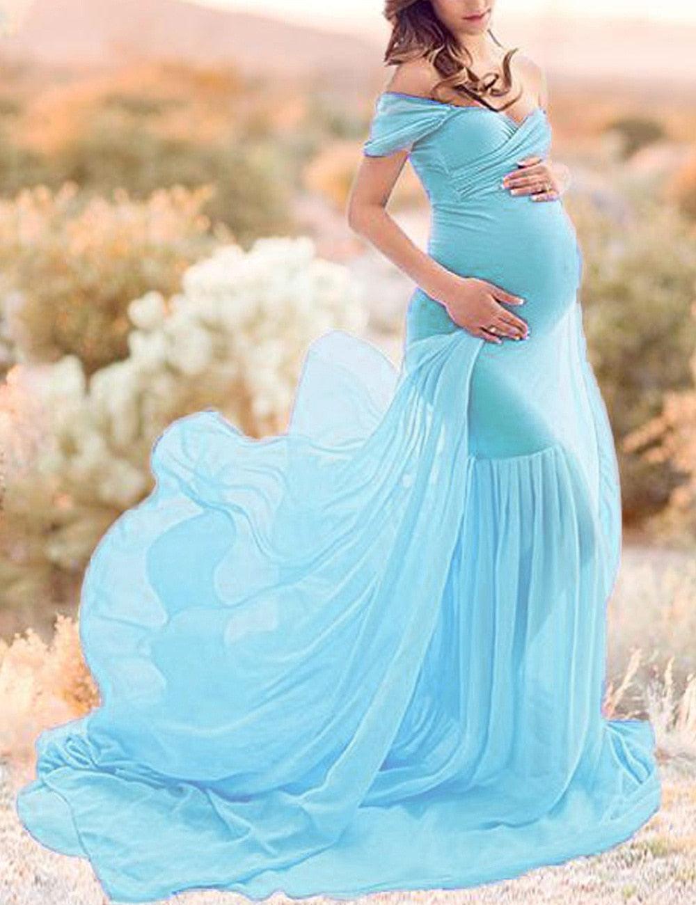 Long Maternity Photography Props Pregnancy Dress For Photo Shooting Off Shoulder - Maxi Maternity Gown (1U5)(Z6)(Z8)(1Z1)(2Z1)(3Z1)(4Z1)(7Z1)