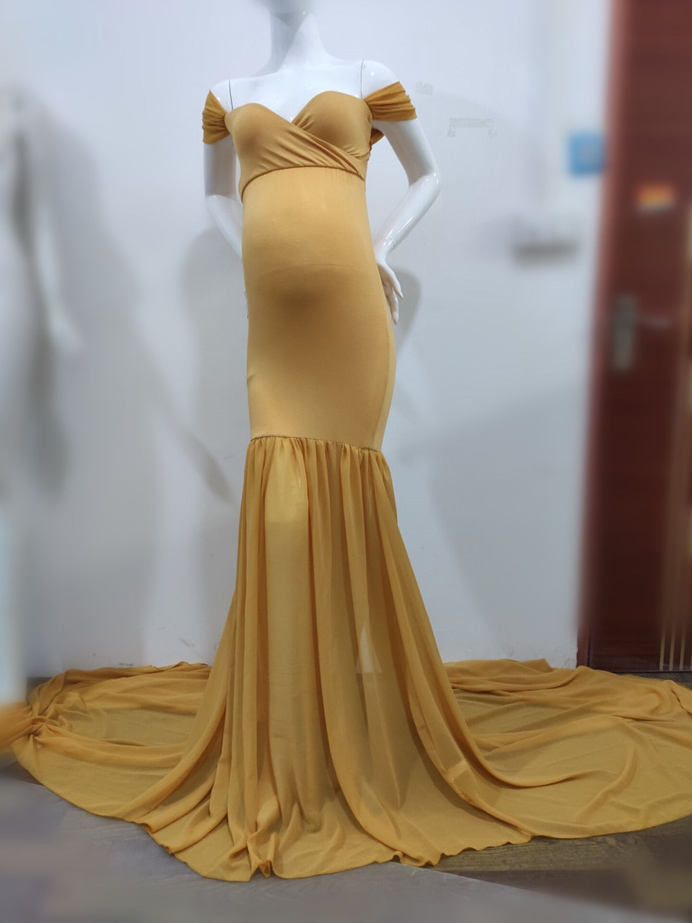 Long Maternity Photography Props Pregnancy Dress For Photo Shooting Off Shoulder - Maxi Maternity Gown (1U5)(Z6)(Z8)(1Z1)(2Z1)(3Z1)(4Z1)(7Z1)