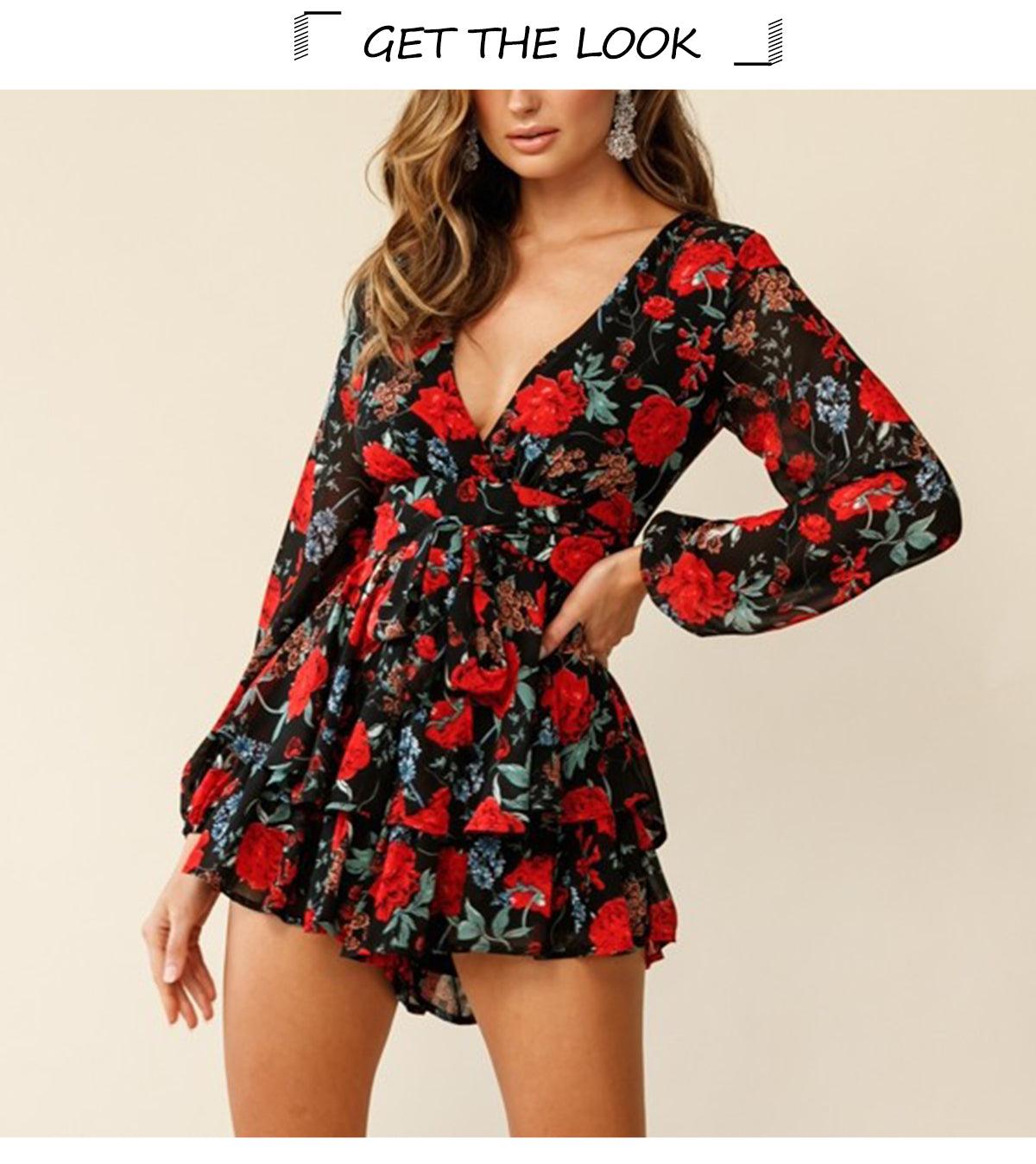 New Chiffon V Neck Women Romper Playsuit Summer Casual Long Sleeve Jumpsuits - 2022 Fashion Print Short Sets Outfit (BWD)(WS06)(F30)(2U30) - Deals DejaVu