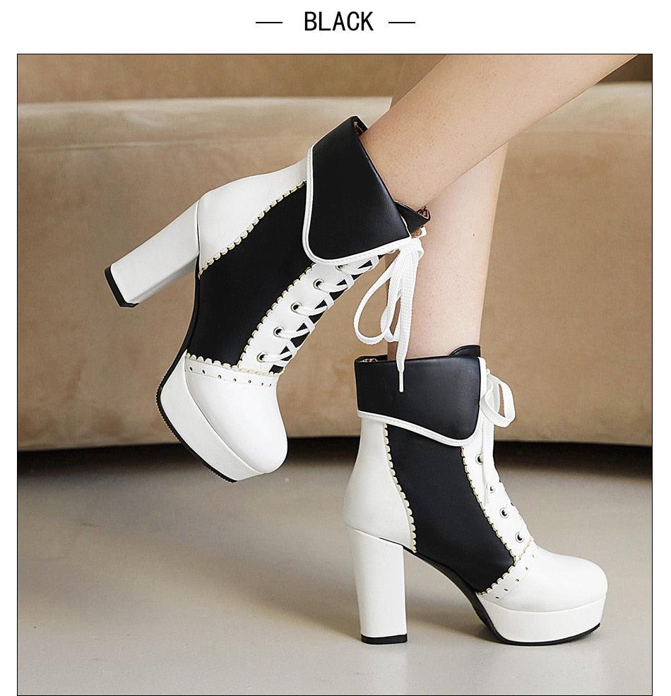 Sweet Cosplay Lolita Shoes Women Ankle Boots High Heels Ruffles Dress Wedding Shoes Bride Mixed Colors Lace Up (BB2)(CD)(WO4)(BB5)(F38)(3U38) - Deals DejaVu