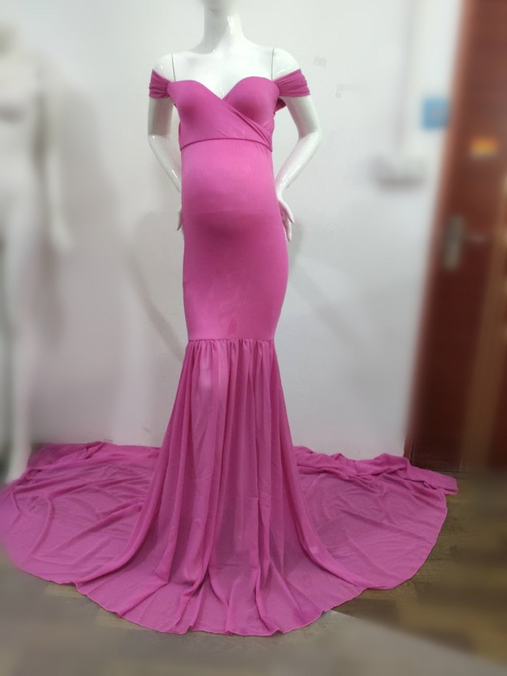 Long Maternity Photography Props Pregnancy Dress For Photo Shooting Off Shoulder - Maxi Maternity Gown (1U5)(Z6)(Z8)(1Z1)(2Z1)(3Z1)(4Z1)(7Z1)