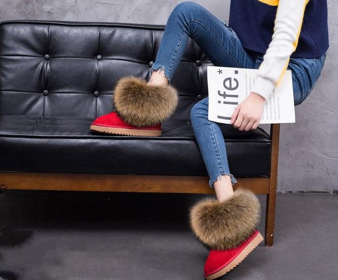 Cute Fashion Genuine Cowhide leather women's boots - real fox fur - winter warm ankle boots, various colors, plus size (FS)(CD)(1U40)(1U38)(1U107)