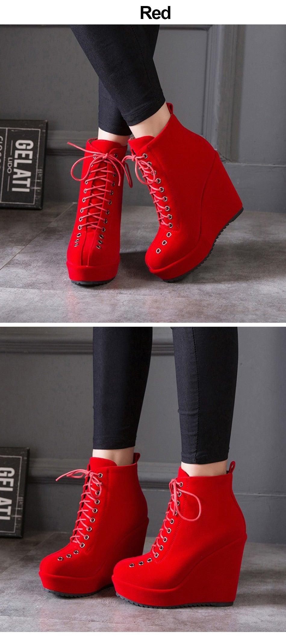 Great Lace Up Platform Women Ankle Boots - Short Winter Shoes Suede Wedge Heels Black Punk (BB2)(CD)(WO4)(BB5)(F38)(3U38) - Deals DejaVu