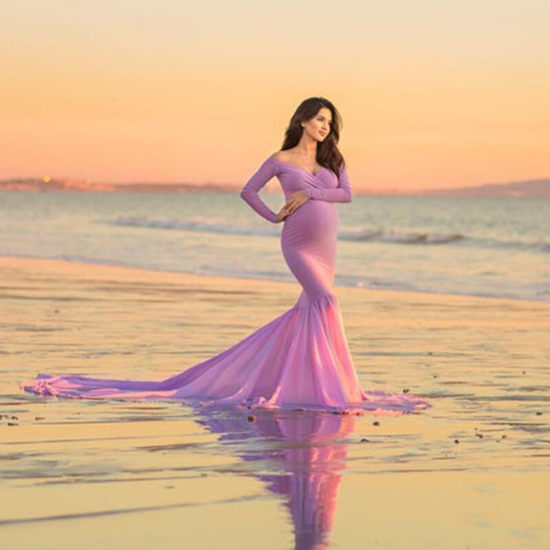 Nice Mermaid Maternity Long Dress Photo Shoot - Pregnant Women Pregnancy Cotton Chiffon Photography Prop Sexy V-Neck Maxi Gown (Z6)(1Z1)(2Z1)(3Z1)(7Z1) - Deals DejaVu