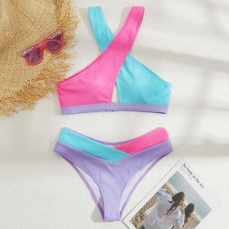 Gorgeous Sexy High Waist Cross Color Matching Bikini Swimwear Push Up - Swimsuit Bikinis Set for Women Bathing Suit Female Biquini (TB8D)(1U26)(F26) - Deals DejaVu
