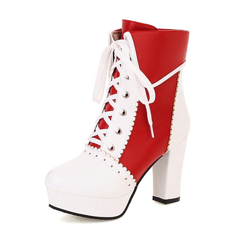Sweet Cosplay Lolita Shoes Women Ankle Boots High Heels Ruffles Dress Wedding Shoes Bride Mixed Colors Lace Up (BB2)(CD)(WO4)(BB5)(F38)(3U38) - Deals DejaVu