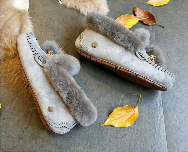Trending Winter 100% Genuine Leather Real Wool Women Flats New Fashion Female - Plus Size Snow Shoes (FS)(CD)(1U40)(1U38)(1U107)