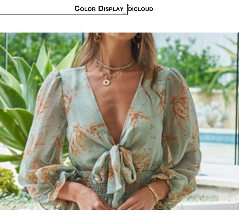 Green Floral Print Front Bow Tie Summer Dress - Women A-line Deep V-Neck Mini Dresses Ruffle Party Vestidos Clothing (BWD)(WS06)(F30)(2U30) - Deals DejaVu