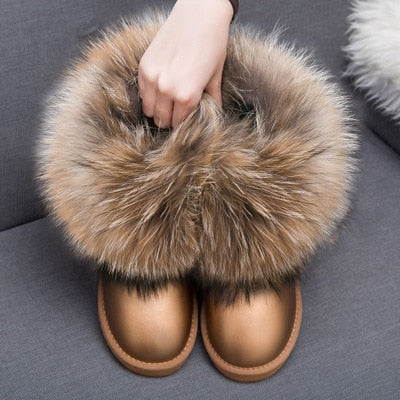 Cute Fashion Genuine Cowhide leather women's boots - real fox fur - winter warm ankle boots, various colors, plus size (FS)(CD)(1U40)(1U38)(1U107)