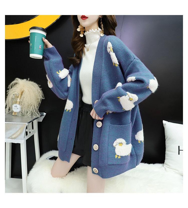 Trending Women Winter Knit Sweater Coat - V Neck Sheep Cardigans Christmas Sweaters Warm Knitwear Sueter Mujer Long Jacket (TP4)(TB8C)(BCD4)(1U23) - Deals DejaVu