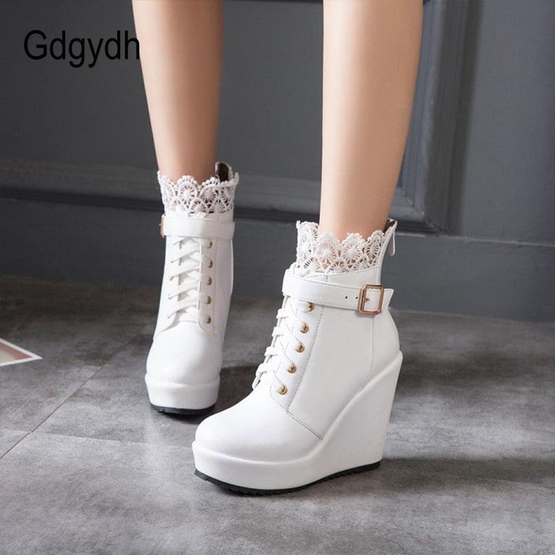 Fashion Lace Black Platform Wedge Ankle Boots For Women - Lace Up Bridal Shoes Wedding White Ladies Boots (BB2)(CD)(WO4)(BB5)(F38)(3U38) - Deals DejaVu
