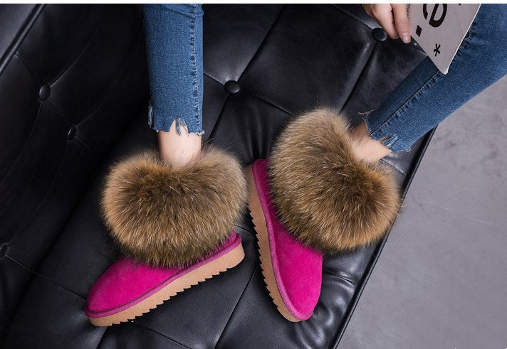 Cute Fashion Genuine Cowhide leather women's boots - real fox fur - winter warm ankle boots, various colors, plus size (FS)(CD)(1U40)(1U38)(1U107)