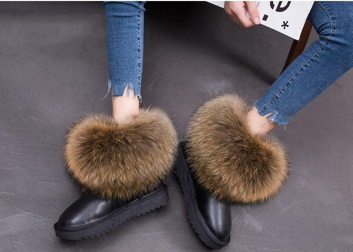 Cute Fashion Genuine Cowhide leather women's boots - real fox fur - winter warm ankle boots, various colors, plus size (FS)(CD)(1U40)(1U38)(1U107)