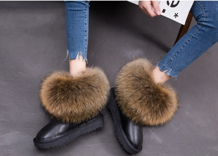 Cute Fashion Genuine Cowhide leather women's boots - real fox fur - winter warm ankle boots, various colors, plus size (FS)(CD)(1U40)(1U38)(1U107)