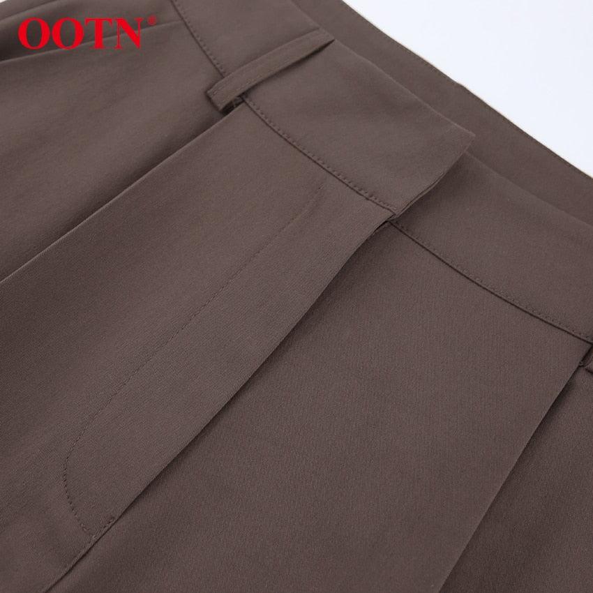 Great Office Work Lady Brown Trouser High Waist Elegant Korean Autumn Buttons Straight Pants For Women Pocket Female Pants new (BP)(1U25) - Deals DejaVu