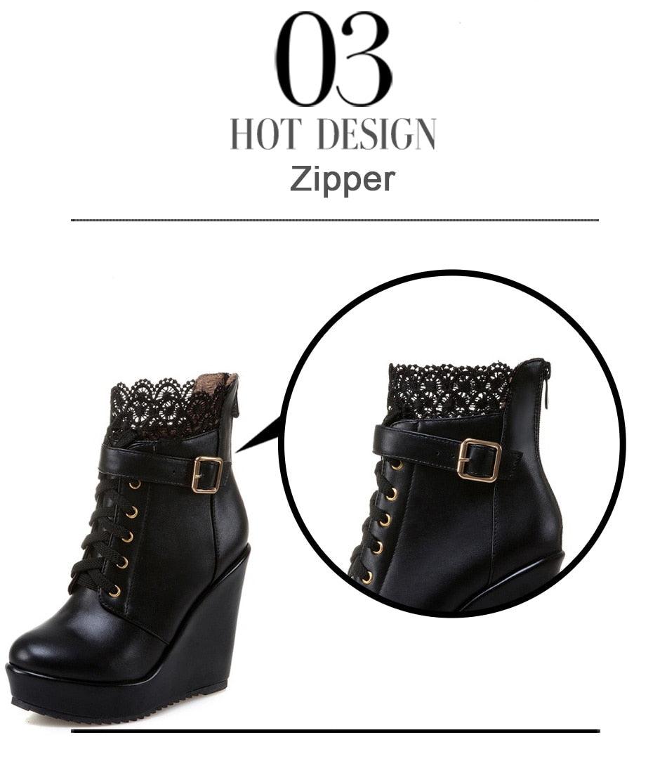 Fashion Lace Black Platform Wedge Ankle Boots For Women - Lace Up Bridal Shoes Wedding White Ladies Boots (BB2)(CD)(WO4)(BB5)(F38)(3U38) - Deals DejaVu