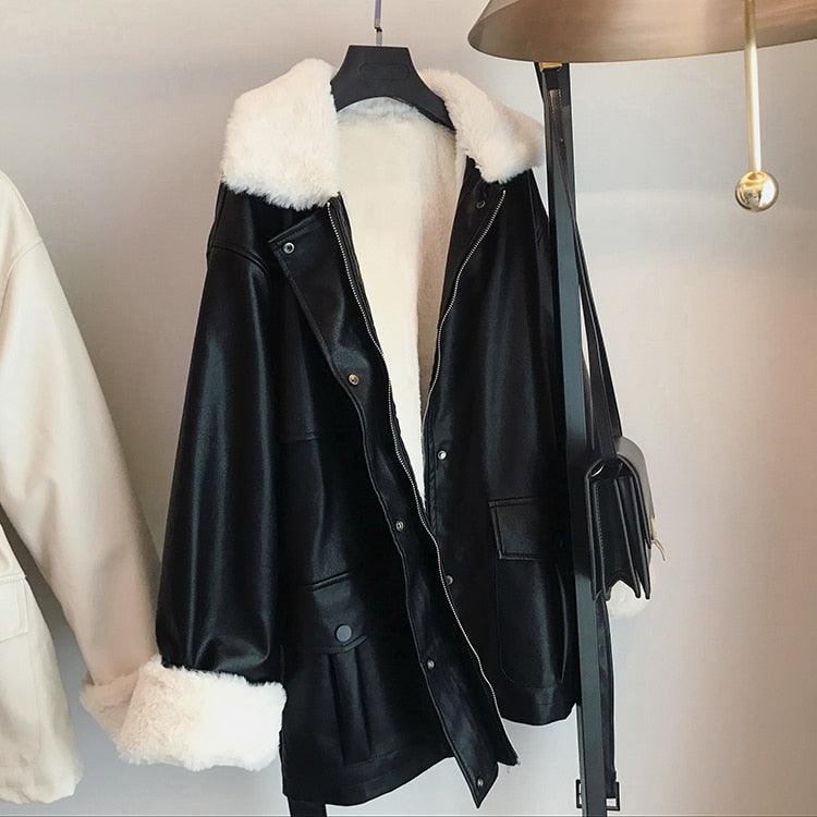 New Winter Oversized Leather Jacket - Women with Faux Rex Rabbit Fur Inside Warm Soft Thickened Fur Lined Coat Long Sleeve (TB8B)(TB8A)(TP3)(1U23) - Deals DejaVu