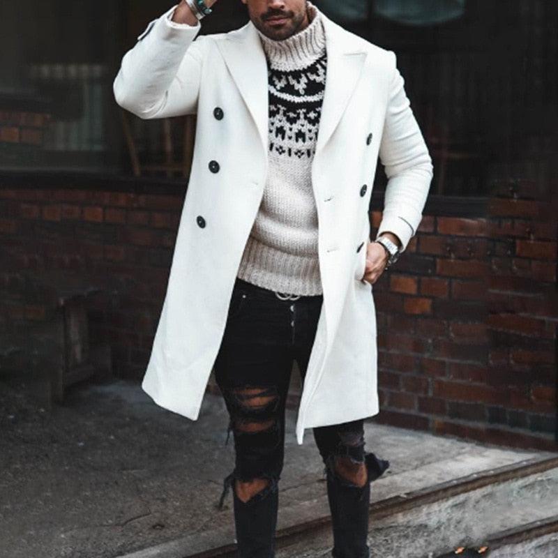 White Men Winter Trench Coats - Casual Slim Double Breasted - Mens Jacket Warm Long Oversize Overcoat England Style Coat Wool Jacket (D100)(TM4)(CC1) - Deals DejaVu