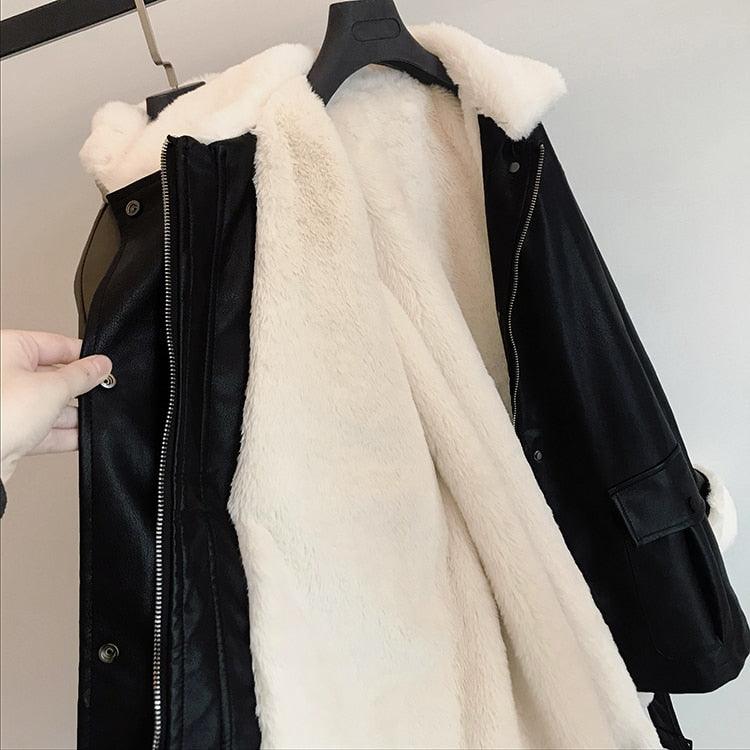 New Winter Oversized Leather Jacket - Women with Faux Rex Rabbit Fur Inside Warm Soft Thickened Fur Lined Coat Long Sleeve (TB8B)(TB8A)(TP3)(1U23) - Deals DejaVu