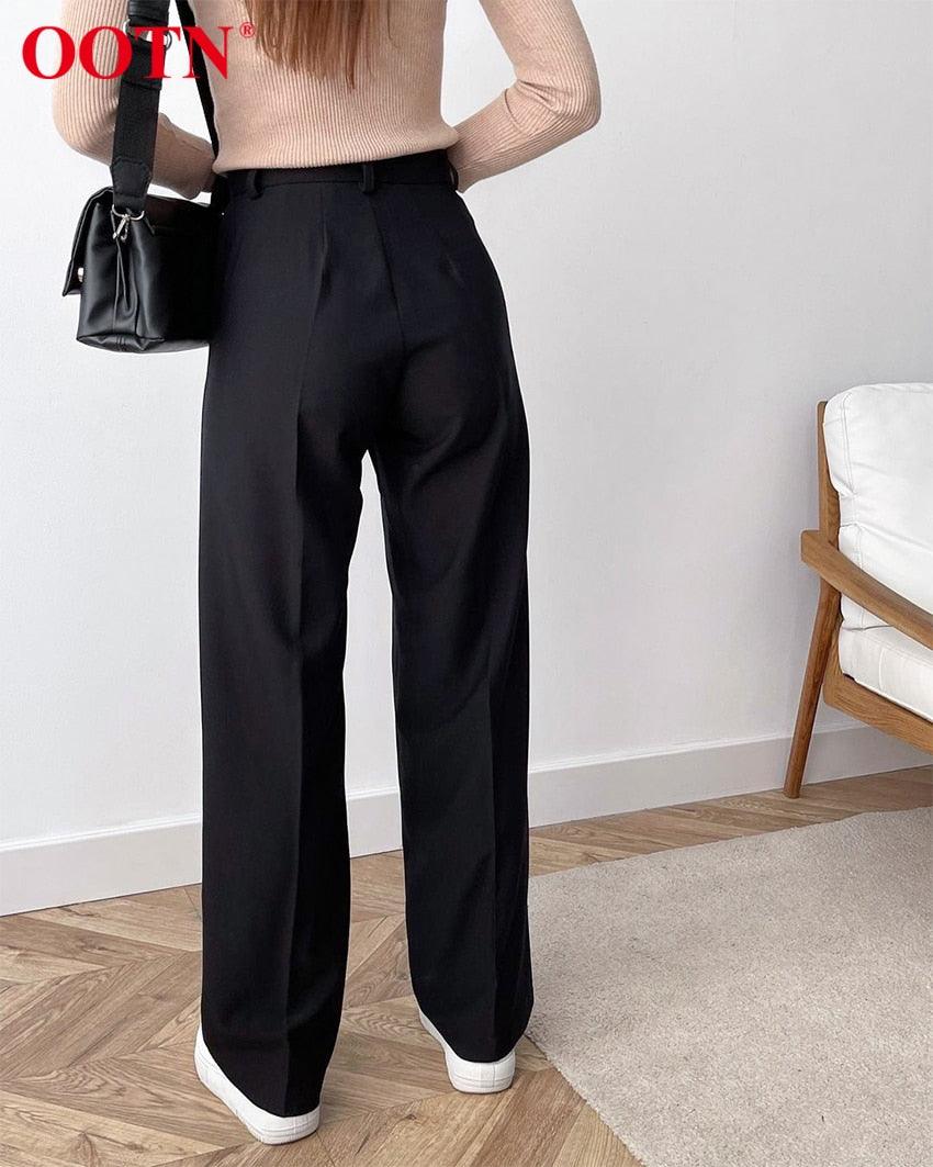 New Casual Baggy Trouser Women All-Match Pleated Spring High Waist Black Straight Pants - Office Elastic Waist Pocket Pants Lady (BP)(1U25) - Deals DejaVu