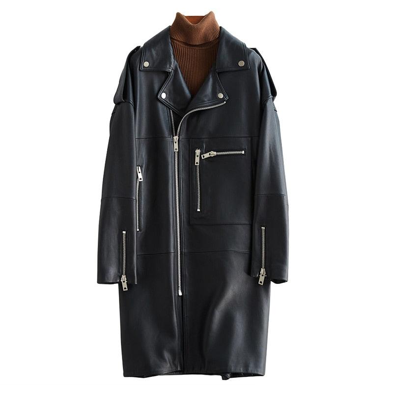 New Autumn Oversized Black Long Womens Leather Jacket - Long Sleeve Sipper Spring Loose Faux Leather Coat Streetwear (TB8B)(TB8A)(TP3)(1U23) - Deals DejaVu