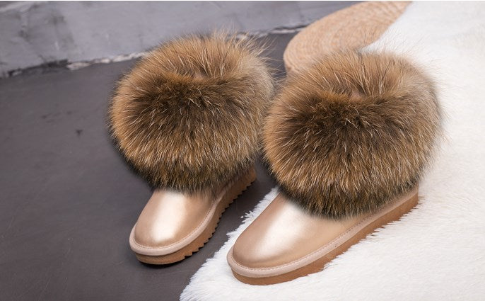 Cute Fashion Genuine Cowhide leather women's boots - real fox fur - winter warm ankle boots, various colors, plus size (FS)(CD)(1U40)(1U38)(1U107)