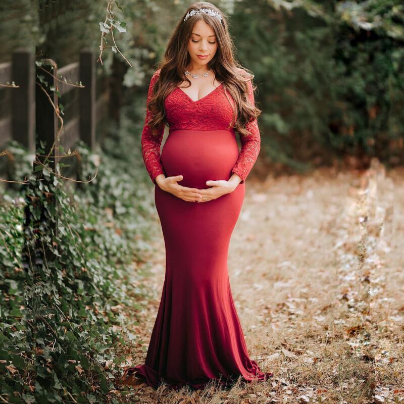 Lace Mermaid Maternity Photography Dresses V Neck Long Sleeve 2021 XL / White Lace Mermaid Maternity Photography Dresses V Neck Long Sleeve 2021 XL / White