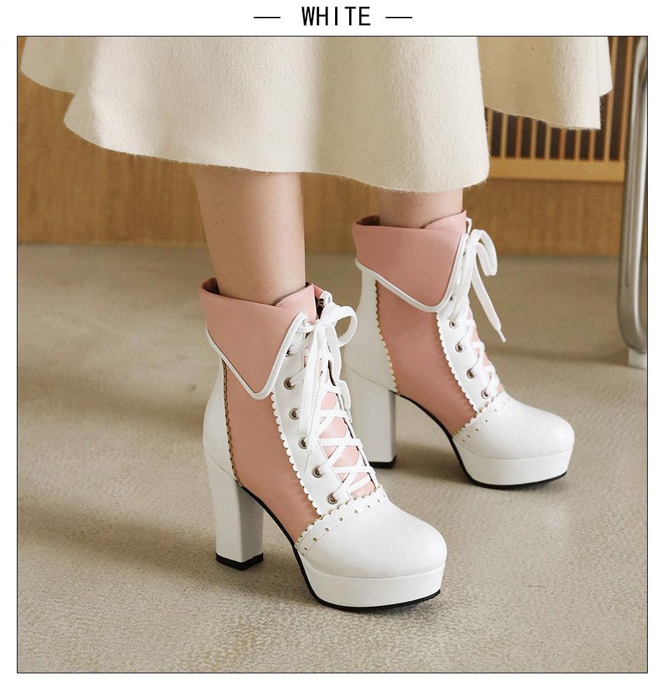 Sweet Cosplay Lolita Shoes Women Ankle Boots High Heels Ruffles Dress Wedding Shoes Bride Mixed Colors Lace Up (BB2)(CD)(WO4)(BB5)(F38)(3U38) - Deals DejaVu