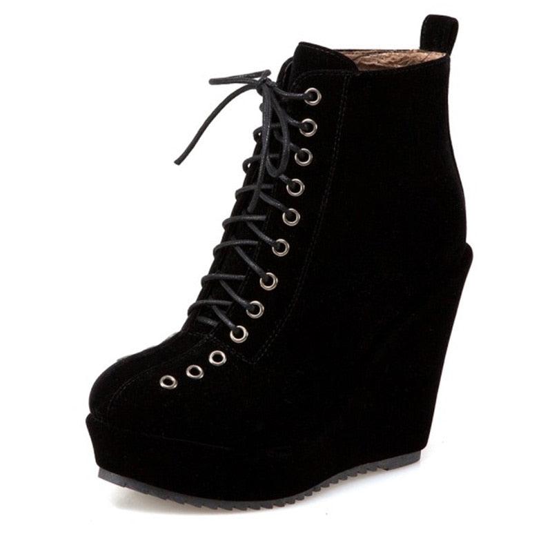 Great Lace Up Platform Women Ankle Boots - Short Winter Shoes Suede Wedge Heels Black Punk (BB2)(CD)(WO4)(BB5)(F38)(3U38) - Deals DejaVu