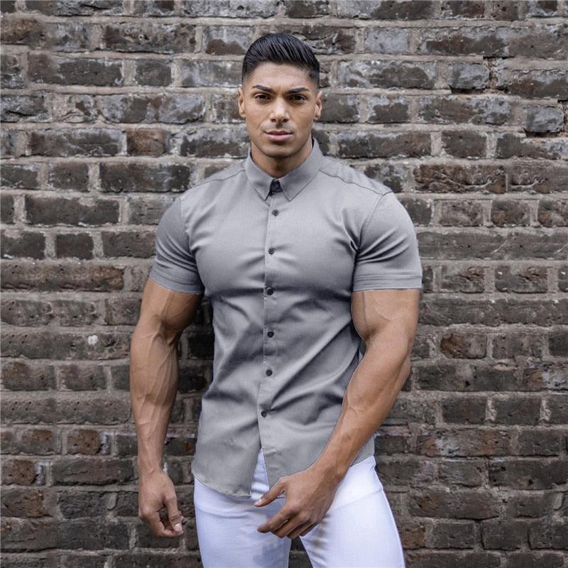 Men Fashion Casual Short Sleeve Solid Shirt - Super Slim Fit - Male Social Business Dress Shirt - Fitness Sports Clothing (TM1)(T2G)(1U8)(TM8)