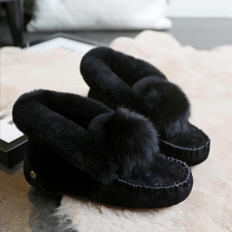 New Winter 100% Genuine Leather Real Wool Women Flats - New Fashion Female Moccasins Casual Loafers Plus Size Snow Shoes (FS)(CD)(1U40)(1U38)(1U107)