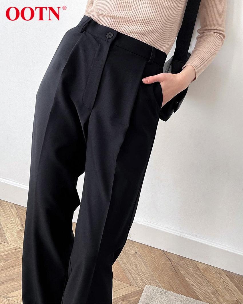 New Casual Baggy Trouser Women All-Match Pleated Spring High Waist Black Straight Pants - Office Elastic Waist Pocket Pants Lady (BP)(1U25) - Deals DejaVu