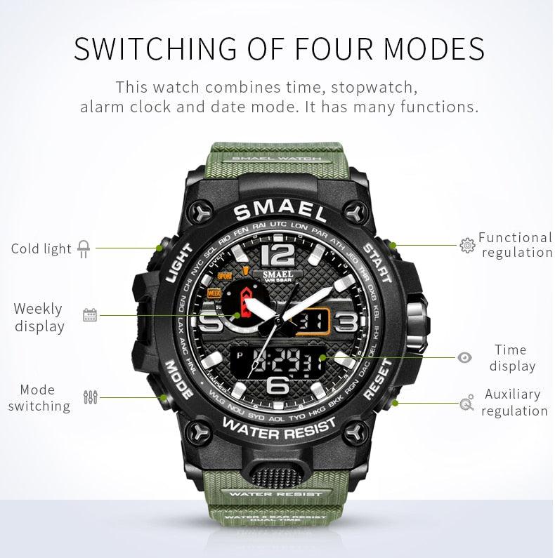 Great Watches For Men - 50M Waterproof Clock Alarm - reloj 1545D Dual Display Wristwatch Quartz Military Watch Sport (MA9)(RW)(1U84)