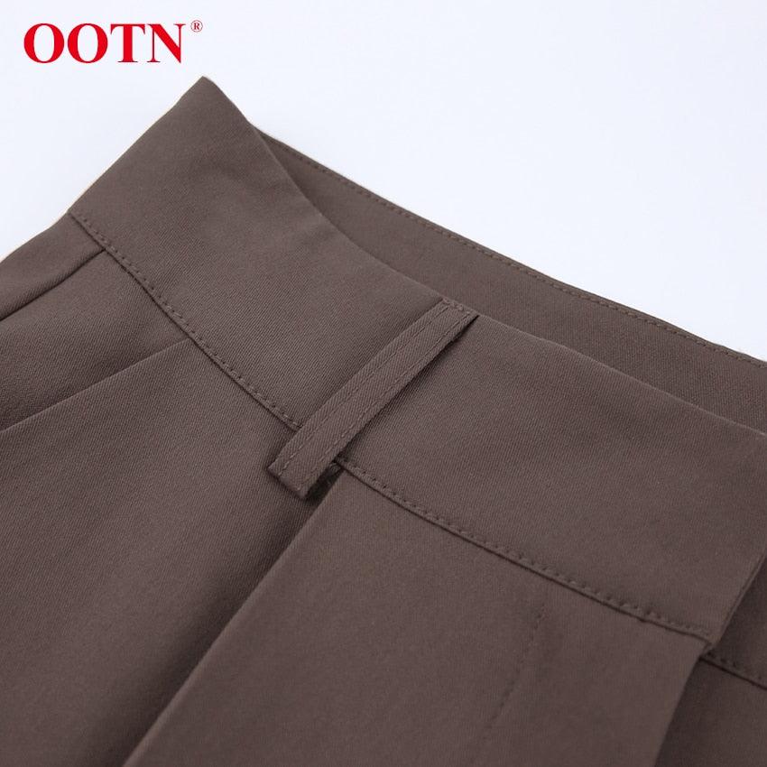 Great Office Work Lady Brown Trouser High Waist Elegant Korean Autumn Buttons Straight Pants For Women Pocket Female Pants new (BP)(1U25) - Deals DejaVu