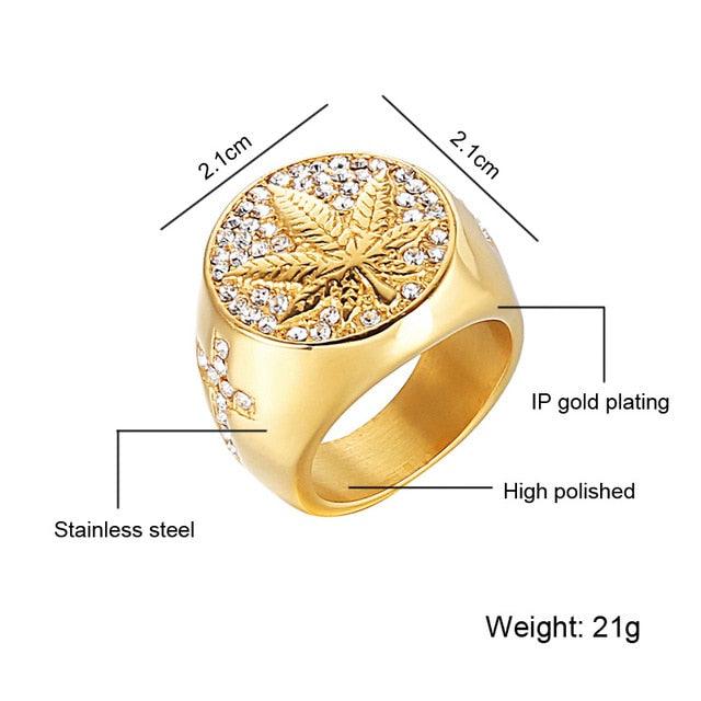 Trending Iced Out Bling Gold Color Stainless Steel Ring Micro Paved Rhinestone Weed Maple leaf Rings (2U83)