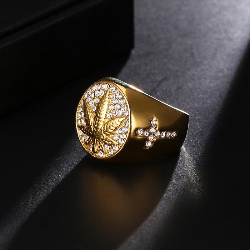 Trending Iced Out Bling Gold Color Stainless Steel Ring Micro Paved Rhinestone Weed Maple leaf Rings (2U83)