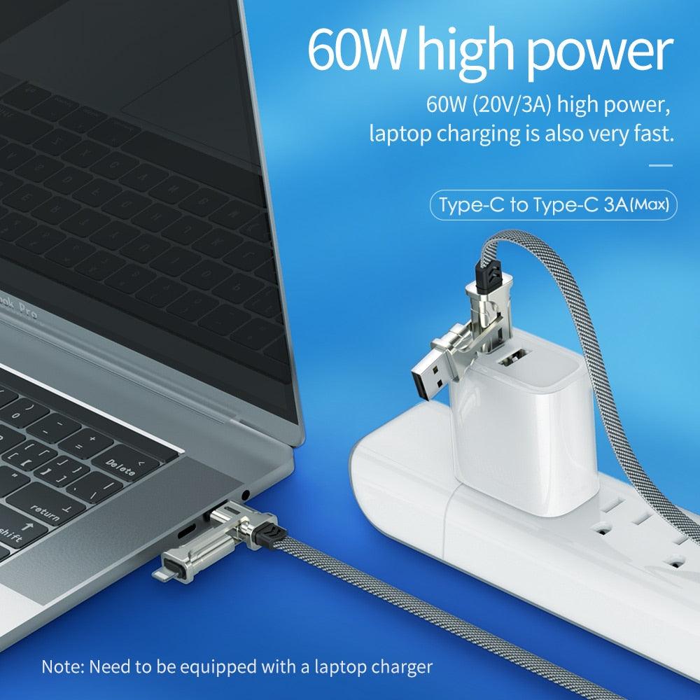 4in1 USB Type C Cable 60W Metal PD Fast Charger Cable USB C to Type C Wire for Samsung Xiaomi iPhone11 MacBook Pro Air iPad (D50)(RS7)