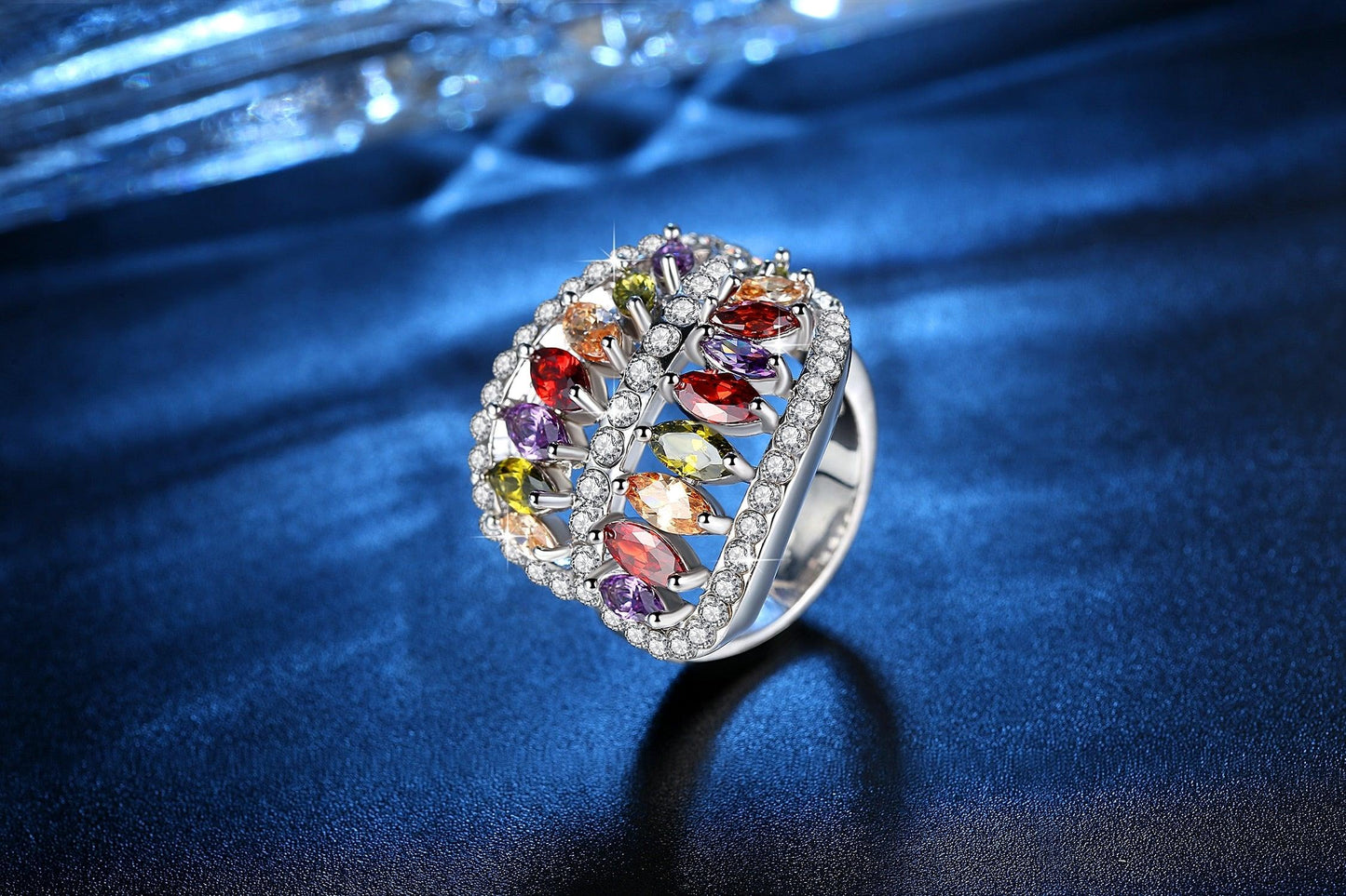 Fashion Luxury Rainbow Crystal Mixed Color Leaf Shaped Ring - Women Jewelry (7JW)(9JW)(F81)