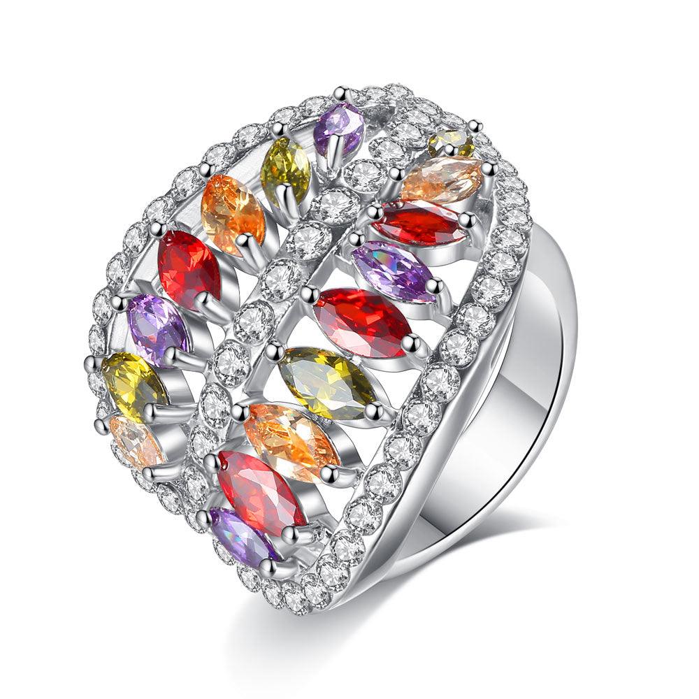 Fashion Luxury Rainbow Crystal Mixed Color Leaf Shaped Ring - Women Jewelry (7JW)(9JW)(F81)