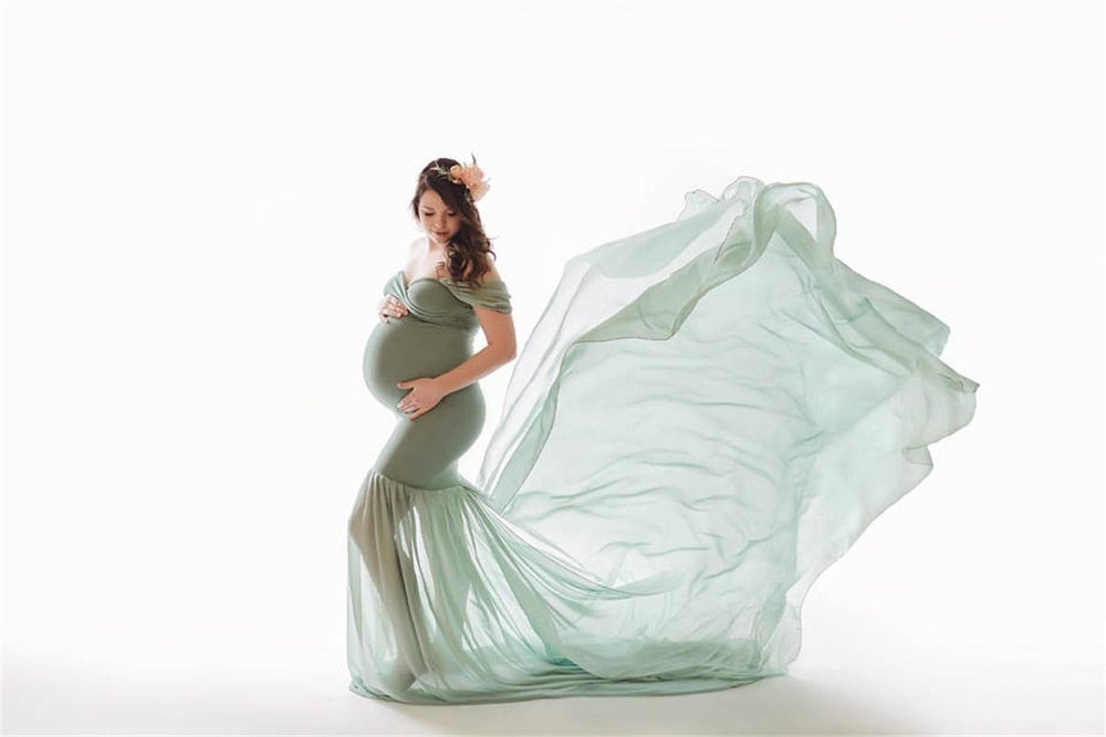 Long Maternity Photography Props Pregnancy Dress For Photo Shooting Off Shoulder - Maxi Maternity Gown (1U5)(Z6)(Z8)(1Z1)(2Z1)(3Z1)(4Z1)(7Z1)