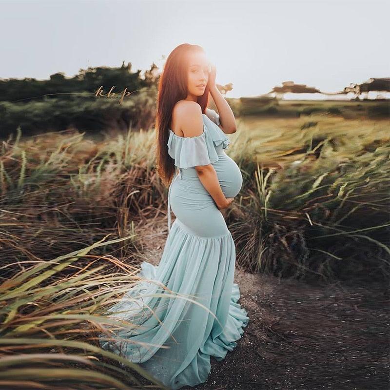 Ruffles Maxi Maternity Gown For Photo Shoots - Cute Sexy Maternity Dresses Photography - Plus Size (1U5)(Z6)(Z8)(1Z1)(2Z1)(3Z1)(4Z1)(7Z1)